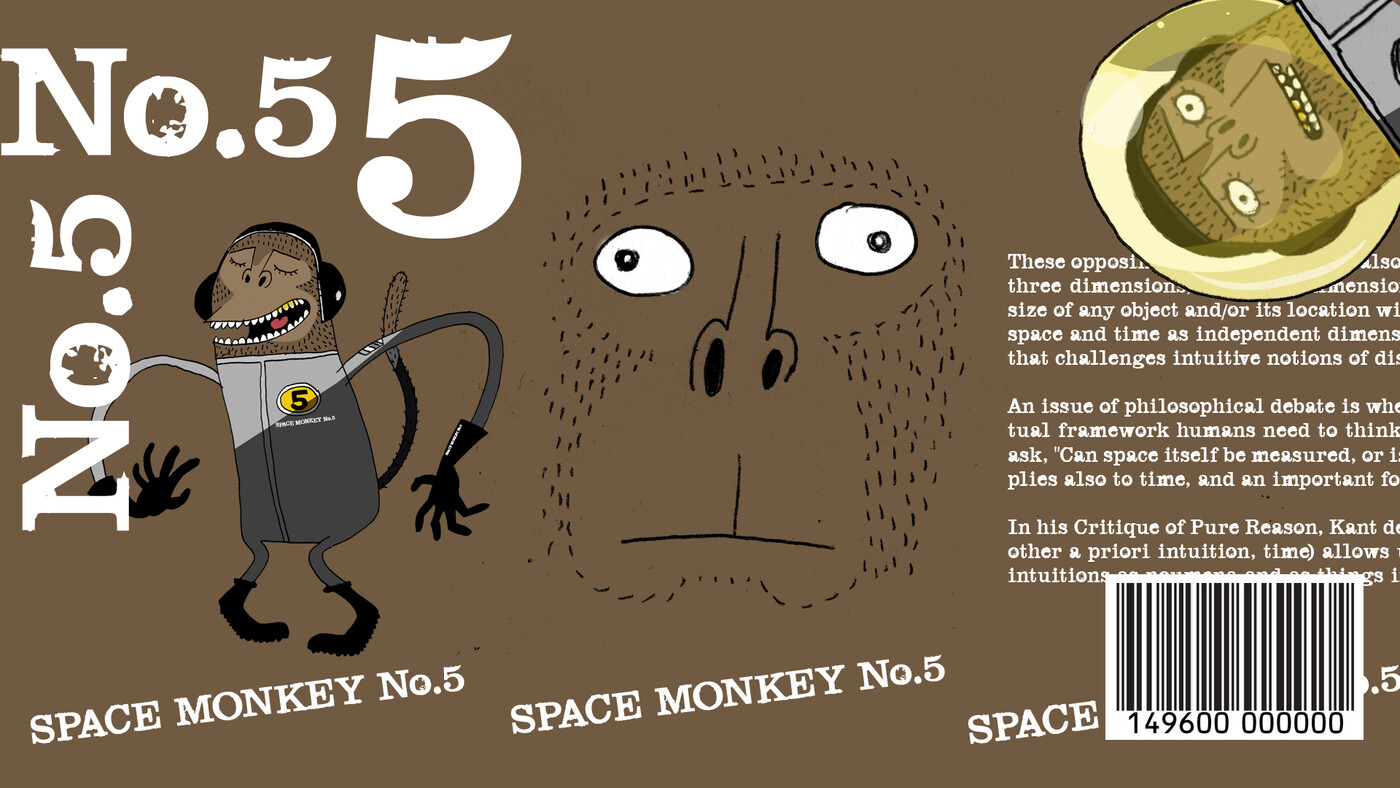 Packaging or label mockup layout for Space Monkey No.5, including a barcode and printed text