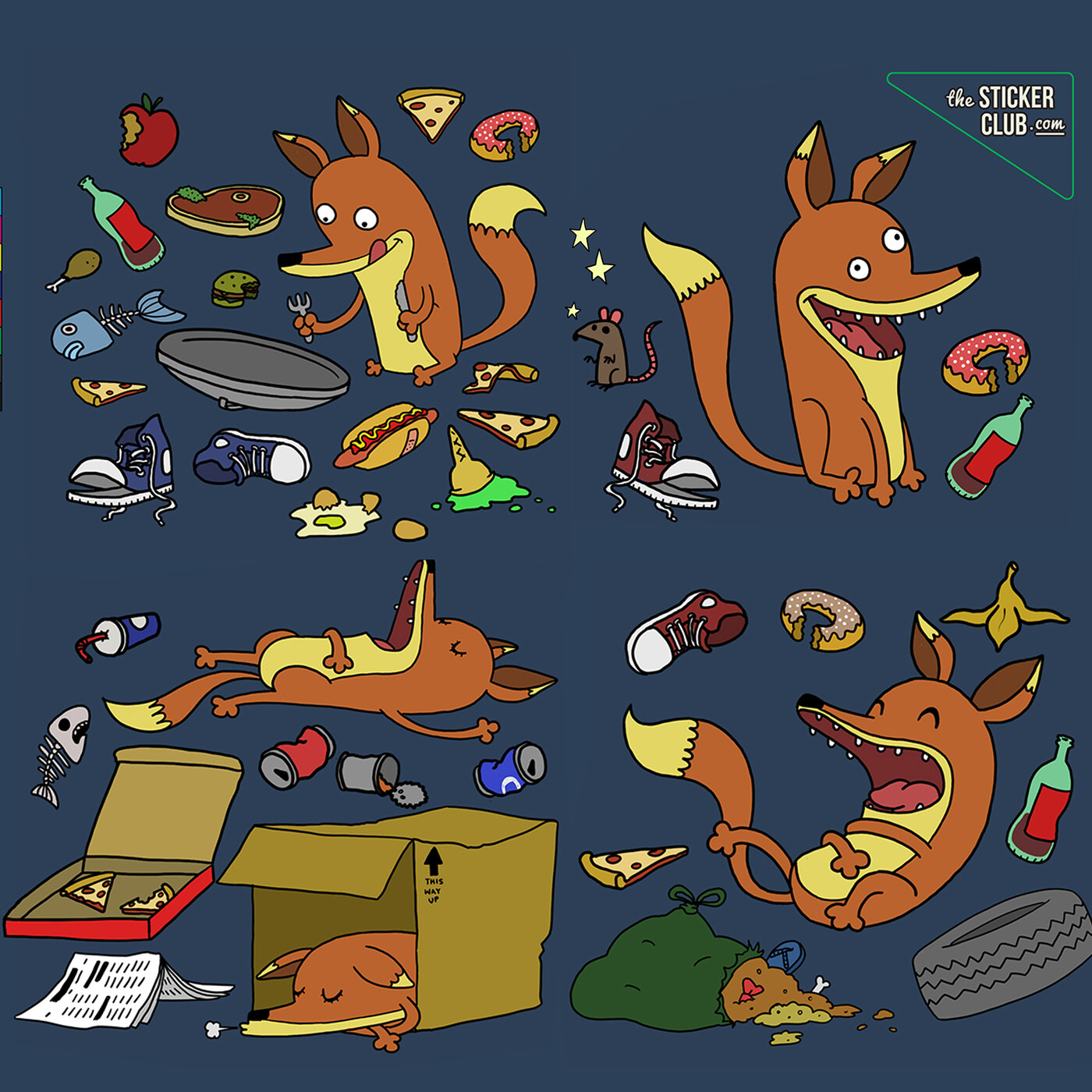 The Sticker Club character sheet showing the fox in several poses with junk food and rubbish