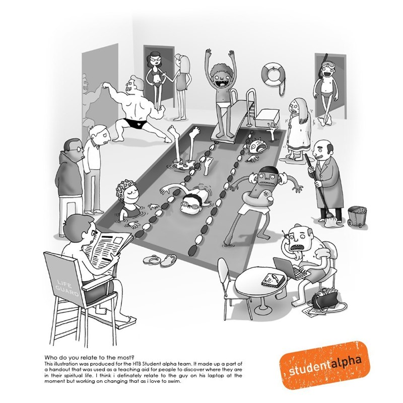 Student Alpha illustration: swimming pool scene with many characters