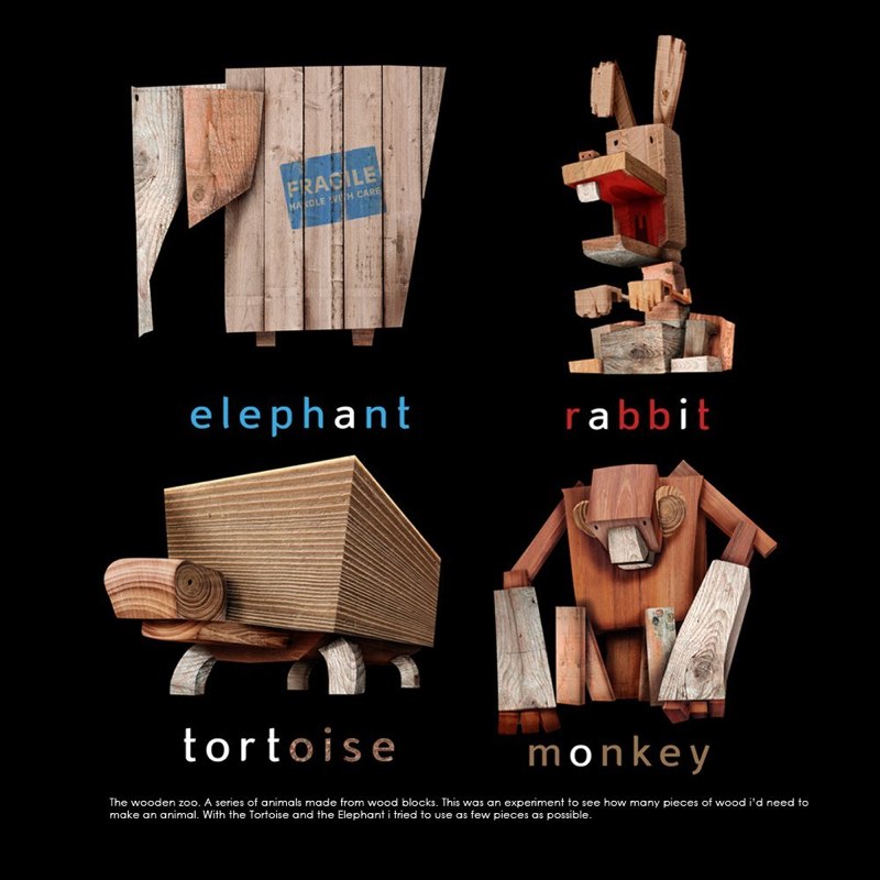 The Wooden Zoo: elephant, rabbit, tortoise and monkey made from wood blocks