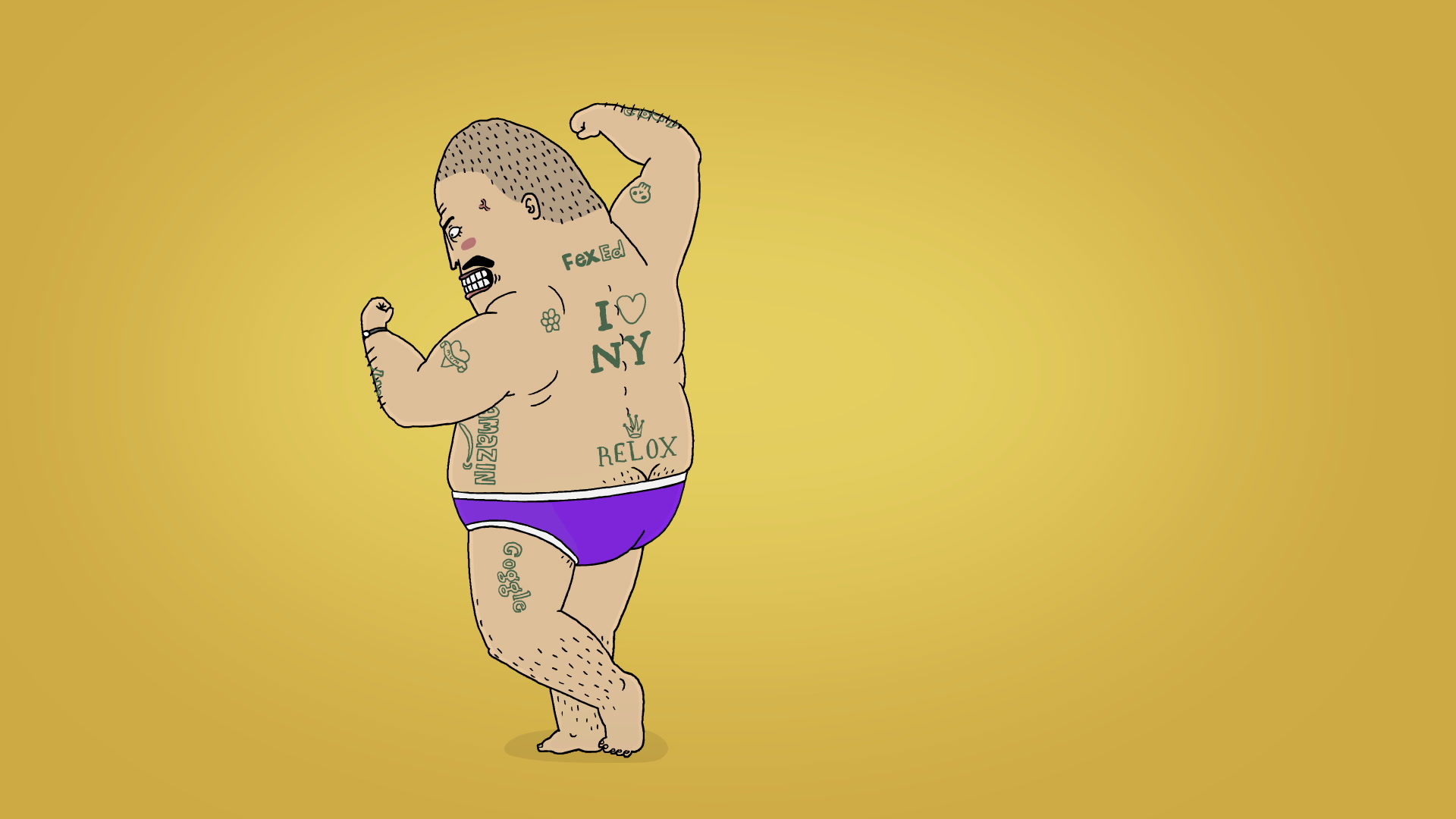 Jack Morton Anniversary: a tattooed, half-naked animated character flexing his bicep