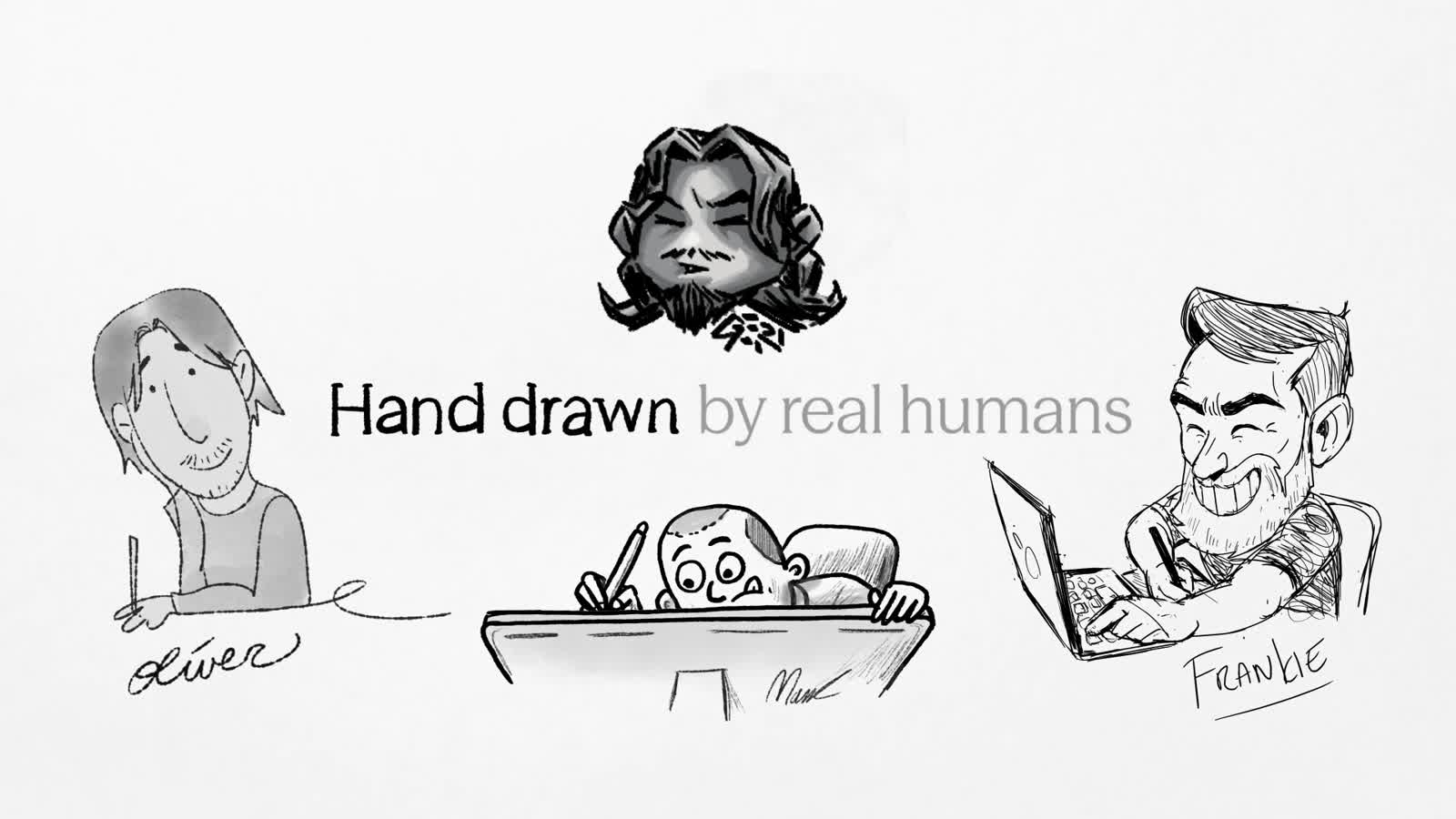 Lightfern: three named illustrators, Oliver, Max and Frankie, under the line Hand drawn by real humans