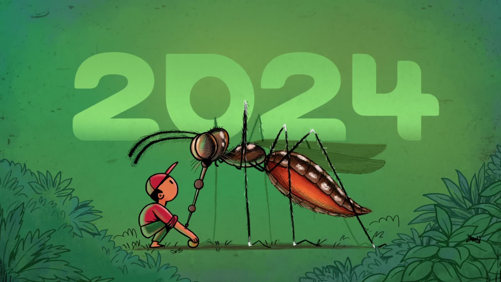 Merek: a large illustrated mosquito beside a 2024 title card