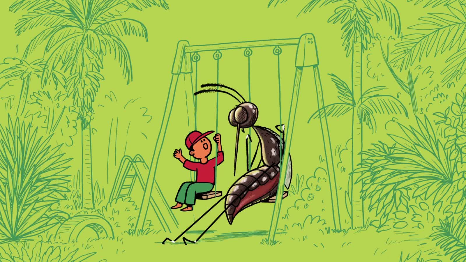 Merek: a large illustrated mosquito beside a child on a swing