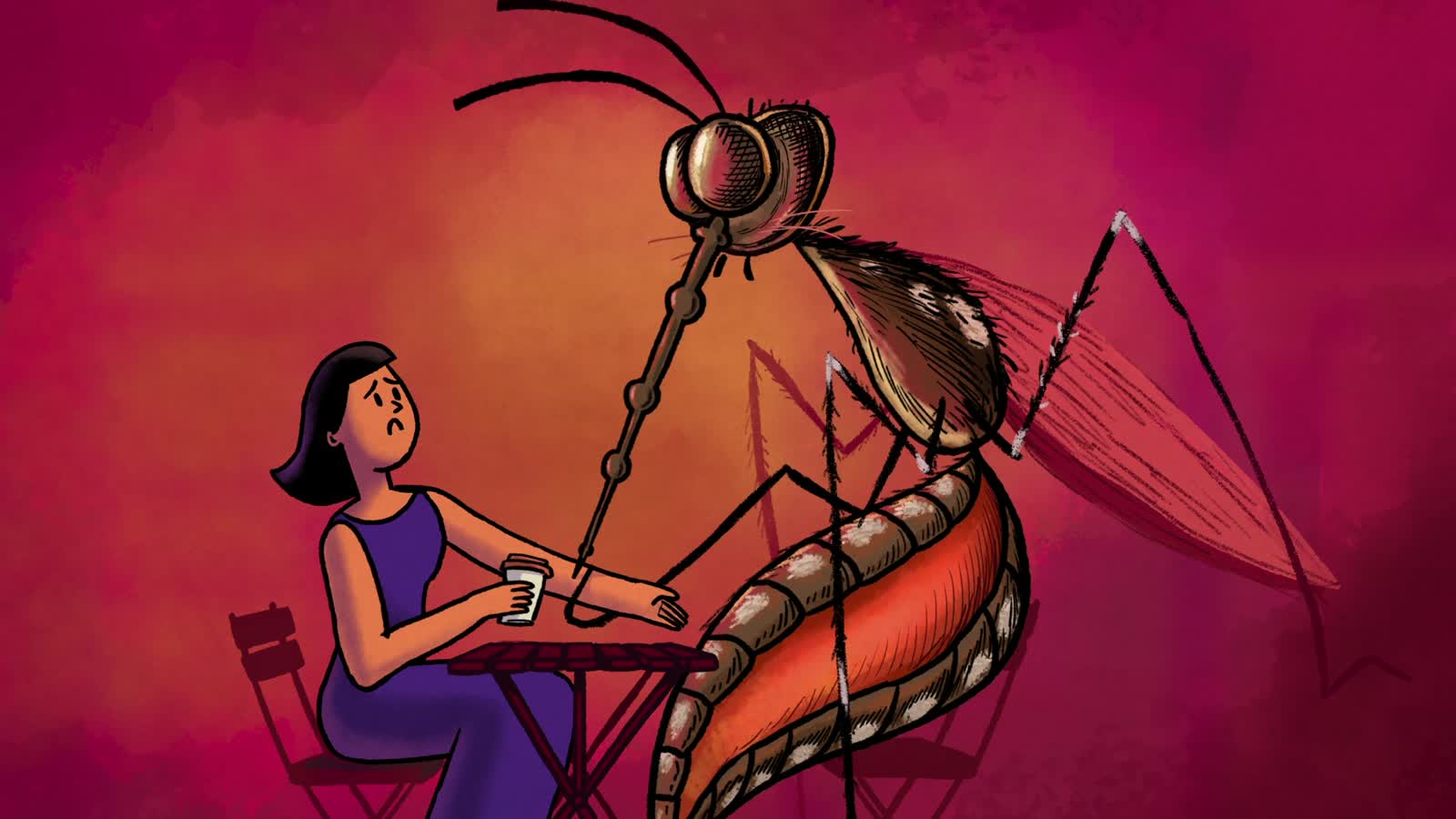 Merek: a classroom chalkboard reading Eggs every 3 days beside a mosquito diagram