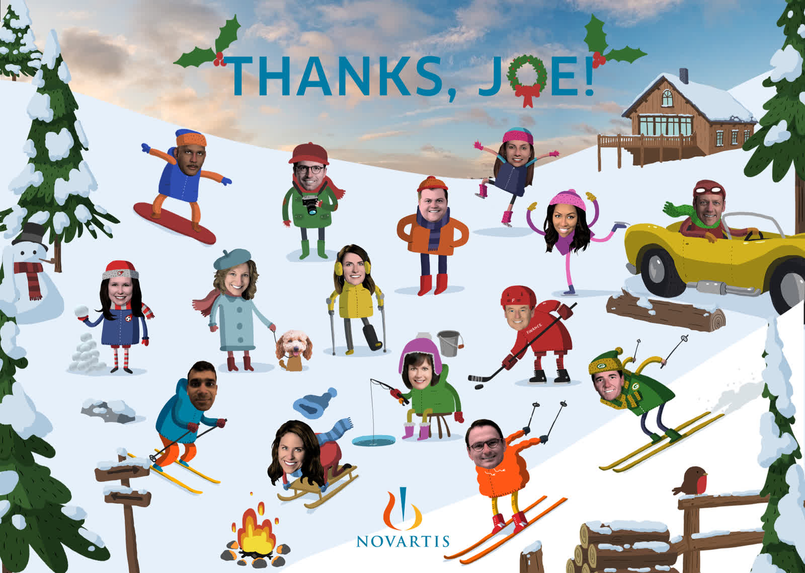 Illustrated snowy mountain scene titled "Thanks, Joe!", populated with around 15 Novartis team members individually illustrated as winter-sports characters