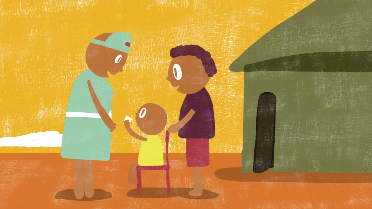 Power of One: a health worker handing a malaria treatment to a child, watched by a parent outside their home