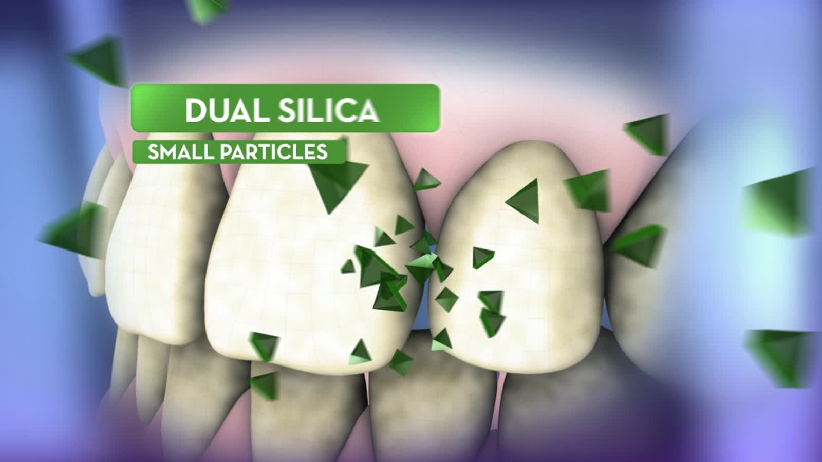 Green Dual Silica particles breaking apart on a tooth surface, labelled Dual Silica, Small Particles