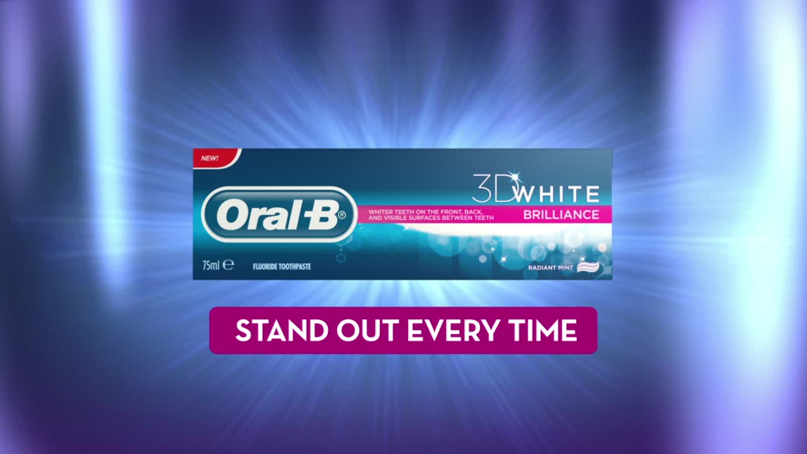 Oral-B 3D White Brilliance pack shot, with the tagline Stand Out Every Time