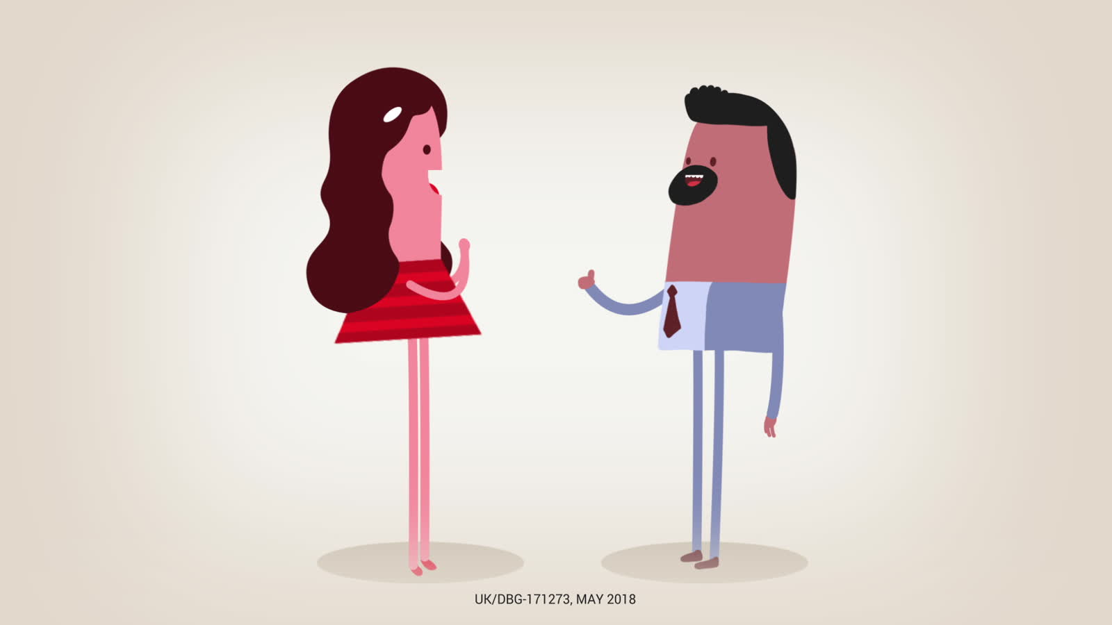 Two flat 2D characters greeting one another