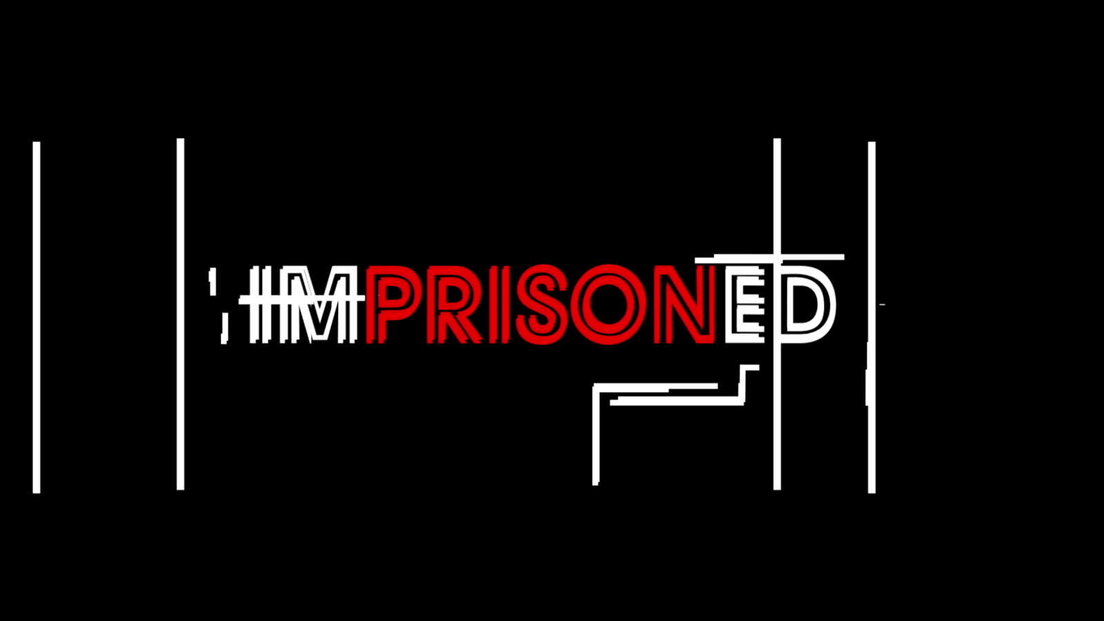 The word IMPRISONED in kinetic type, part white and part red
