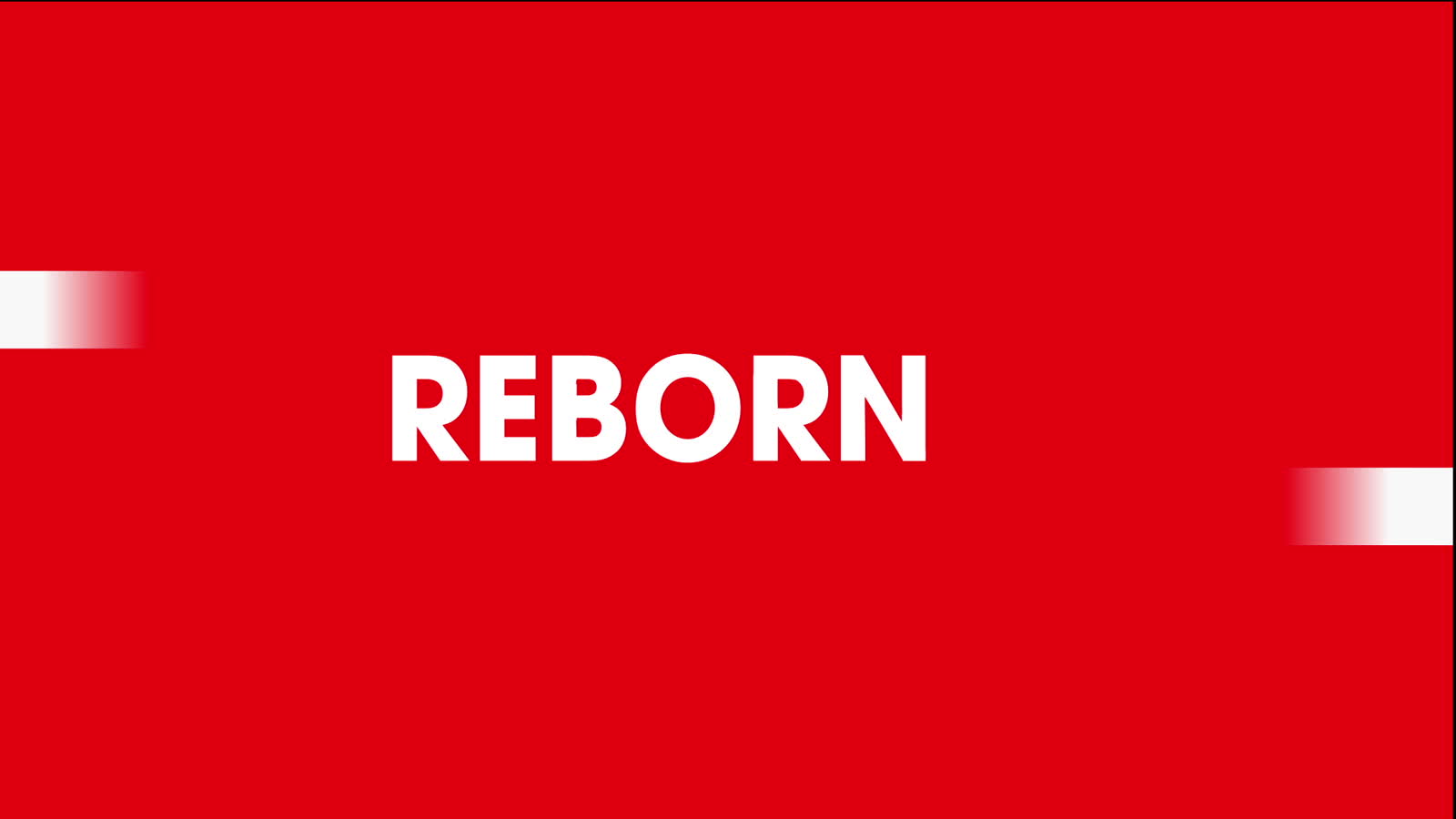 The word REBORN in bold white type on a red background