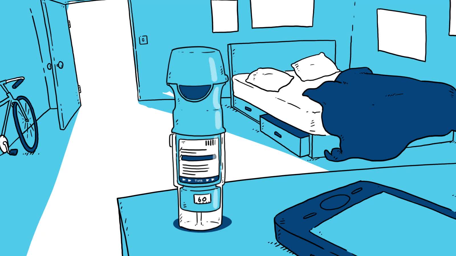 Respimat inhaler standing on a bedside table, still from Film 1