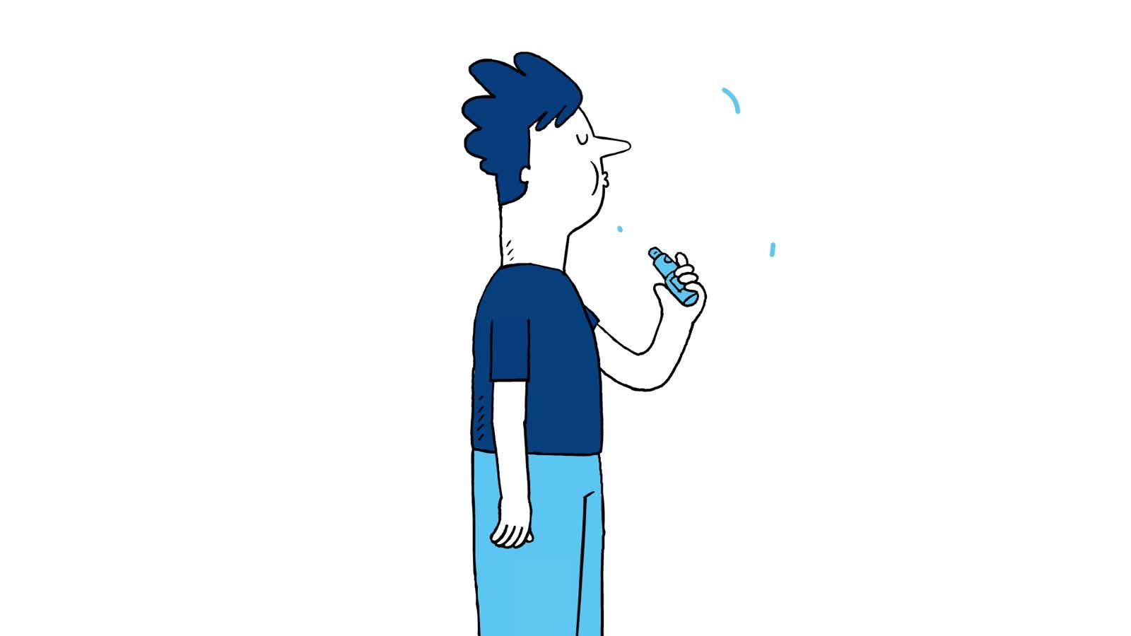 Respimat: a young man using his inhaler at home, still from Film 1