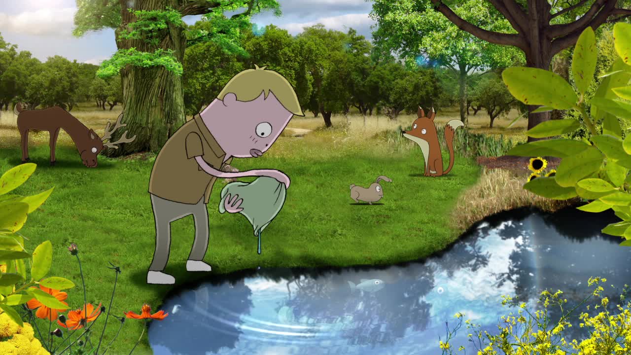 Restore The Earth: Freddy Footprint releasing a fish back into a pond, surrounded by woodland animals