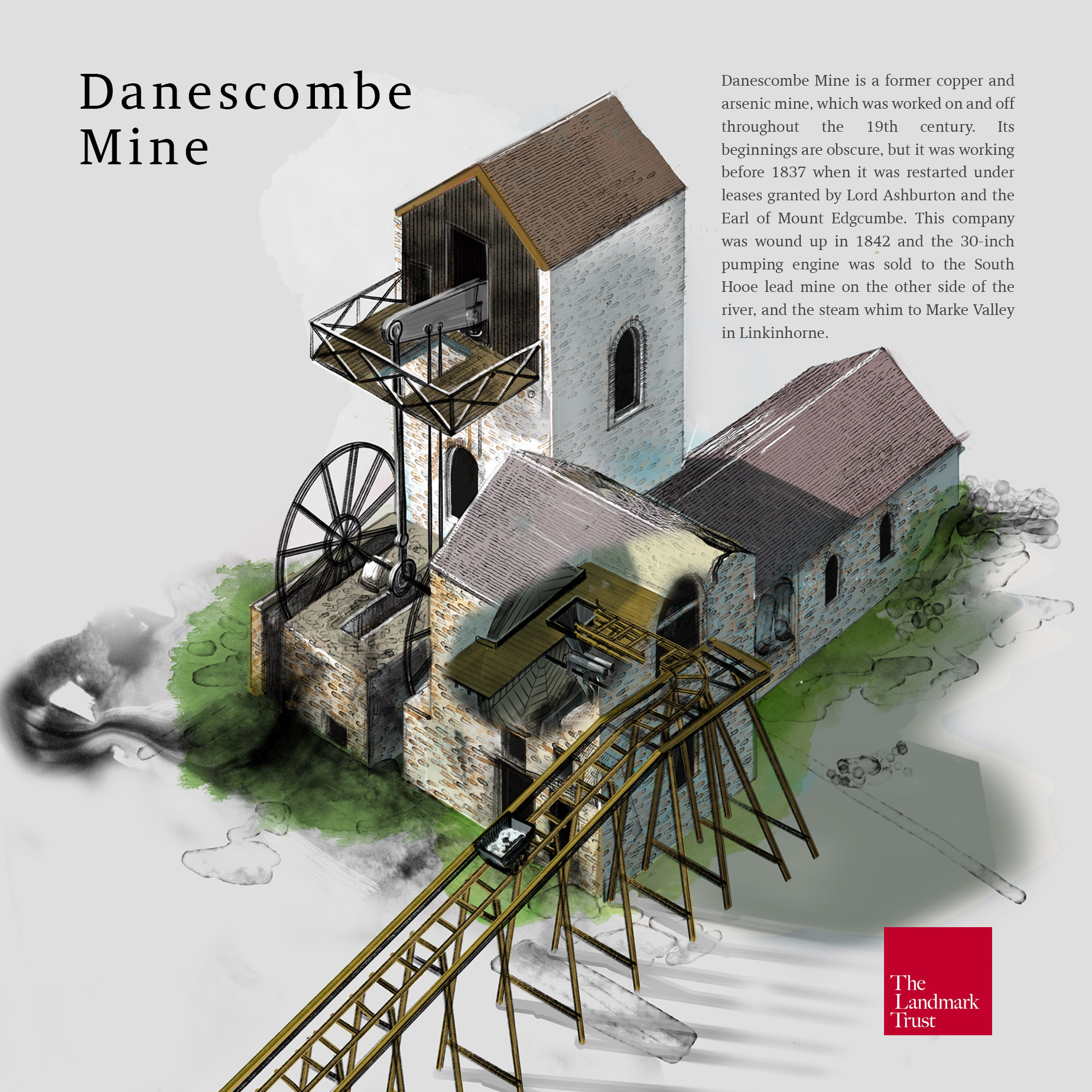 Illustrated cutaway of Danescombe Mine, Landmark Trust branded