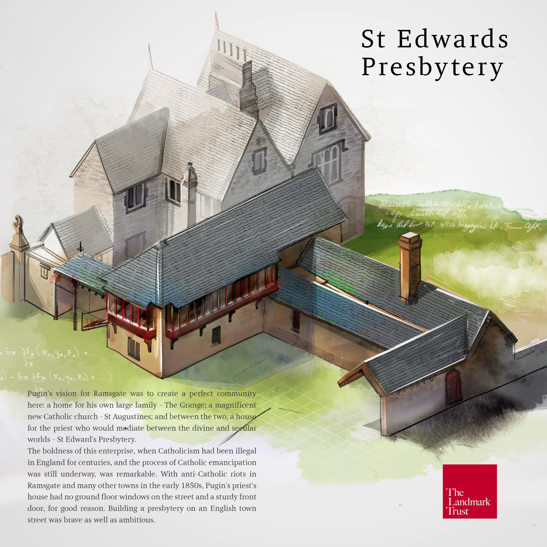 Illustrated cutaway of St Edward's Presbytery, Landmark Trust branded