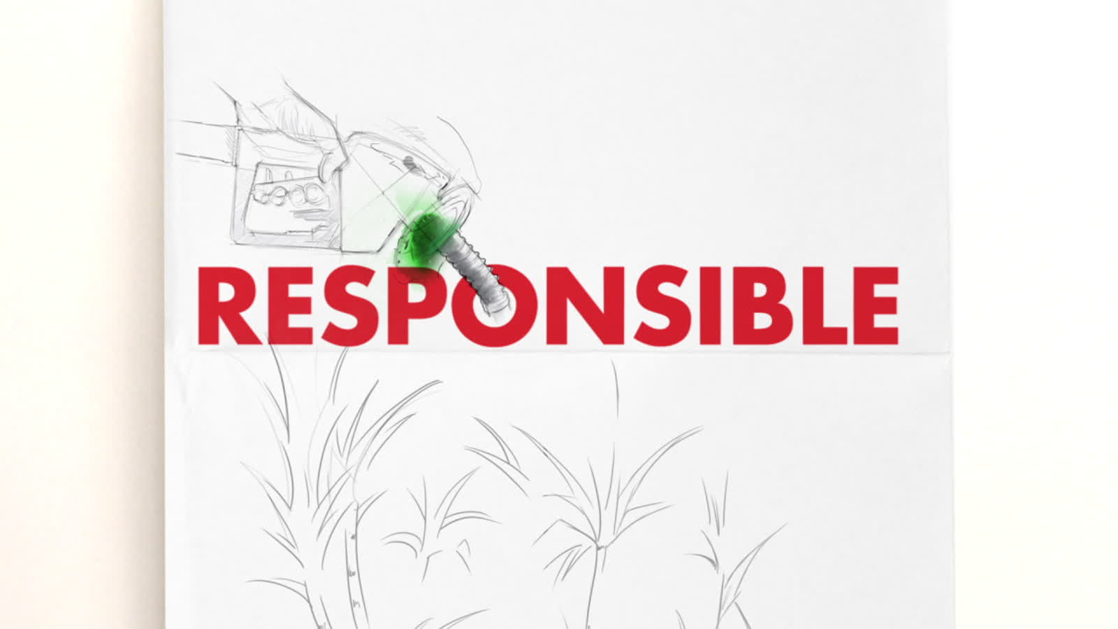 Hand-drawn illustration of a fuel pump and sugar cane, labelled RESPONSIBLE and BIOFUEL