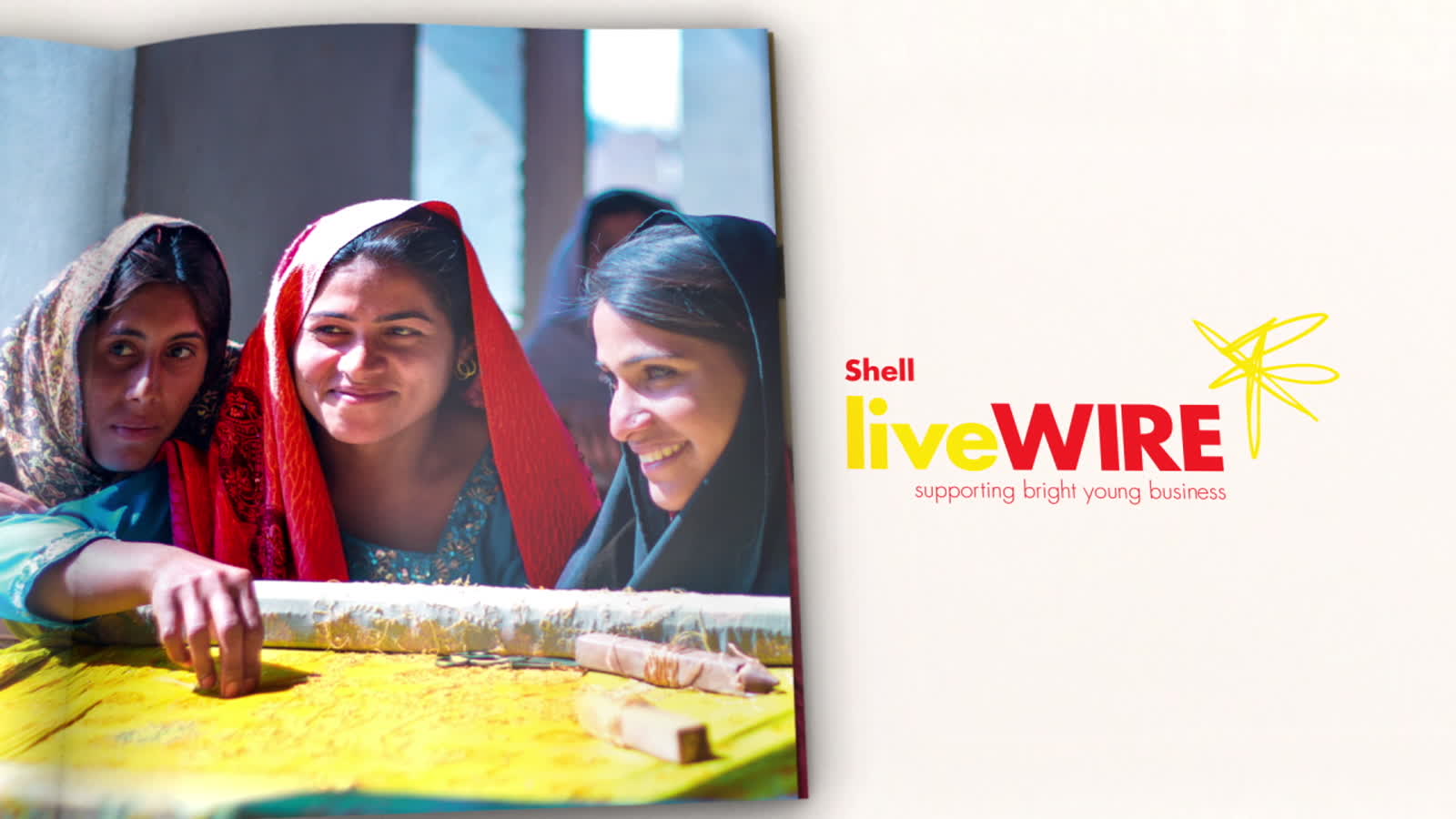 Real photograph of two women, alongside the Shell liveWIRE logo and the line supporting bright young business