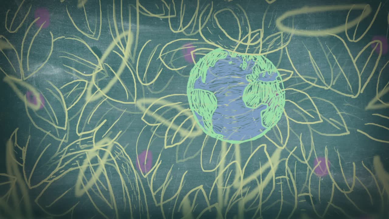 Chalkboard drawing of the world wrapped in leaves