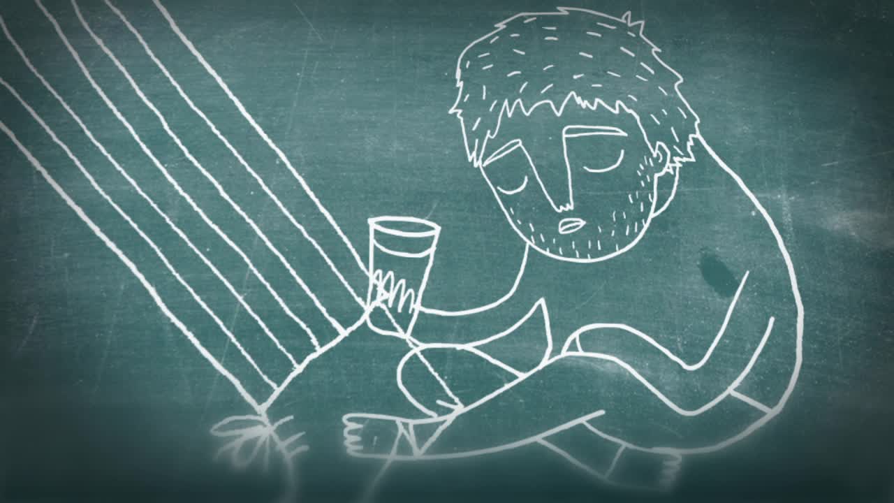 Chalkboard drawing of a figure sitting alone in a shaft of light, holding a cup