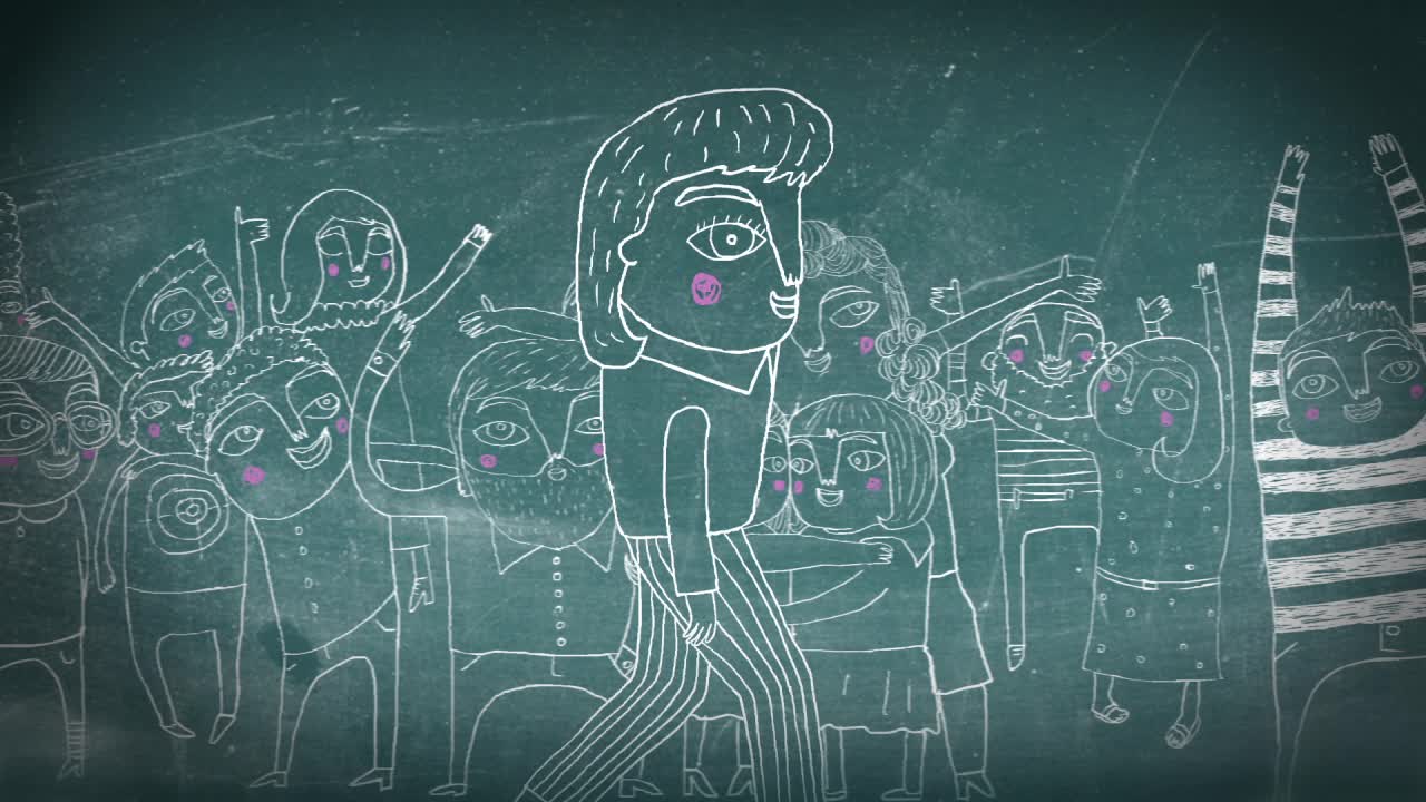 Chalkboard drawing of a crowd of people walking forward together