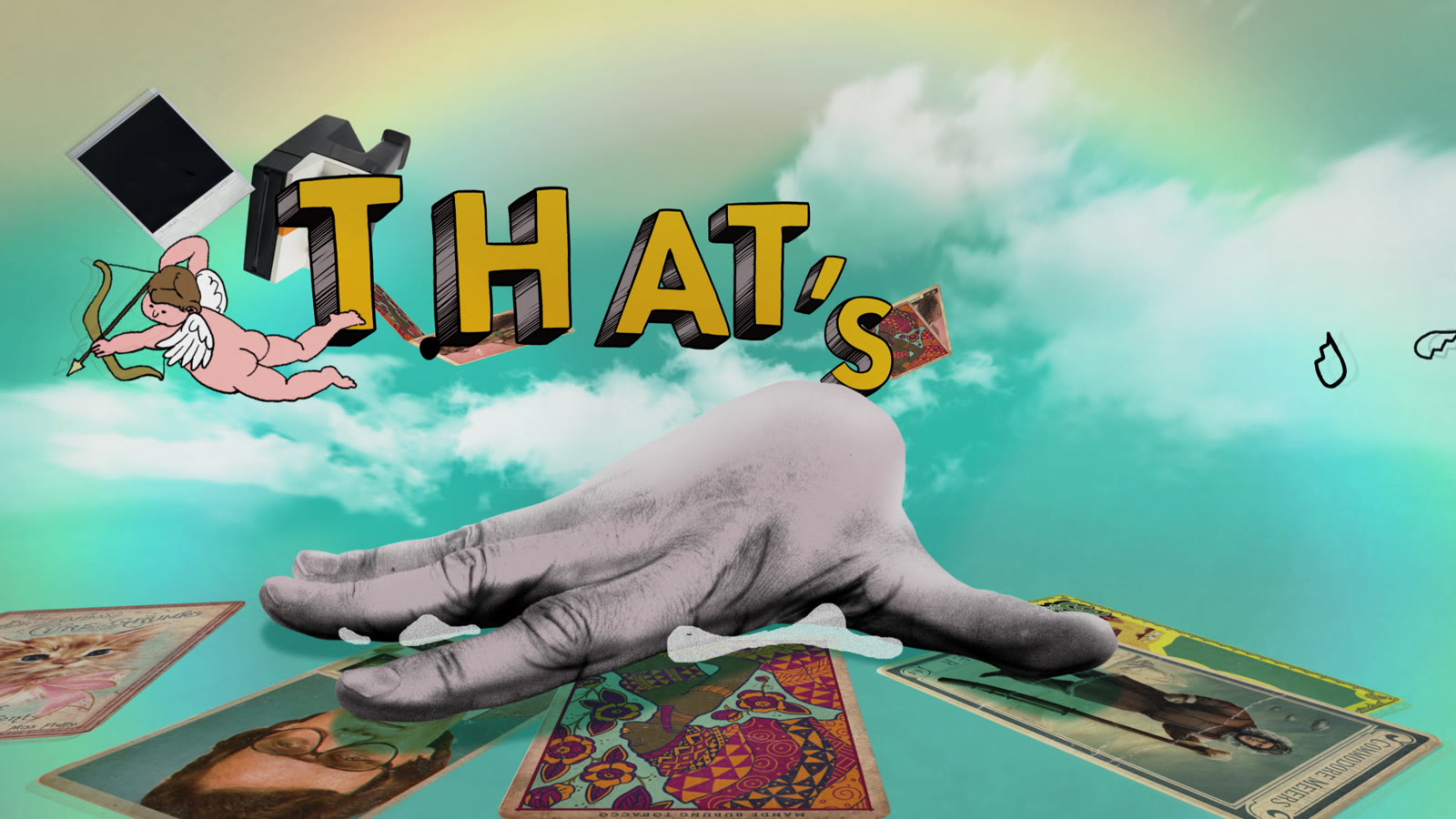 An animated ostrich running through clouds with a rainbow and falling props, from the "That's You!" title sequence