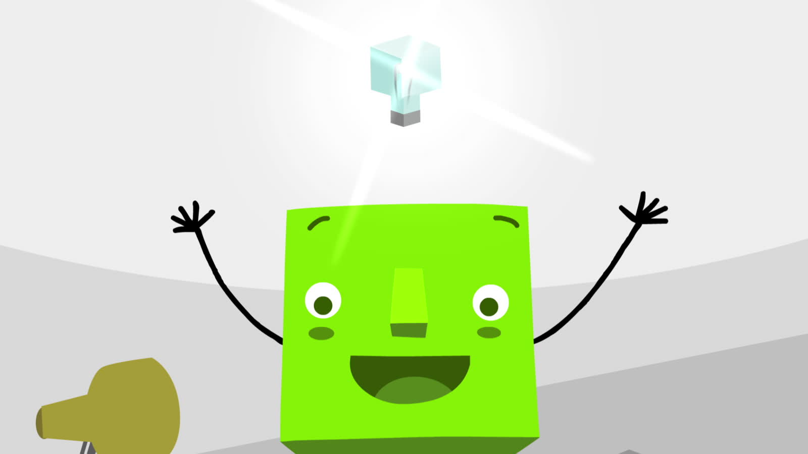 Frame from the theAcademy film: a green cube character celebrating beneath a glowing lightbulb