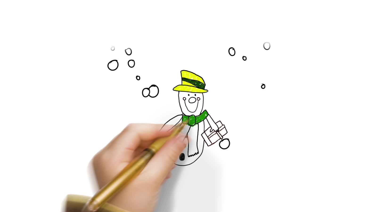 Hand-drawn snowman in a yellow hat and green scarf, waving a gift in the air