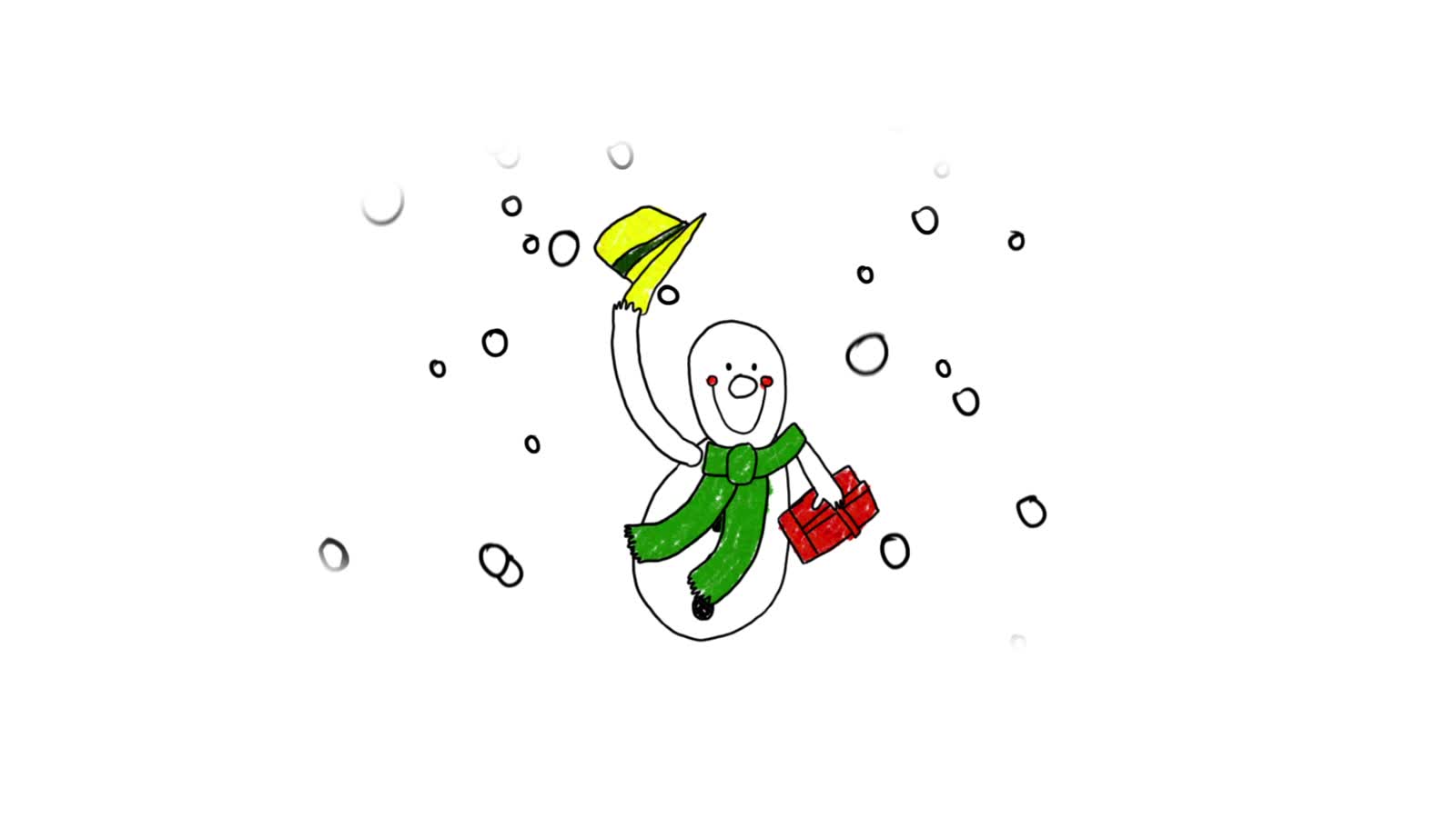 Hand drawing a snowman in a yellow hat and green scarf