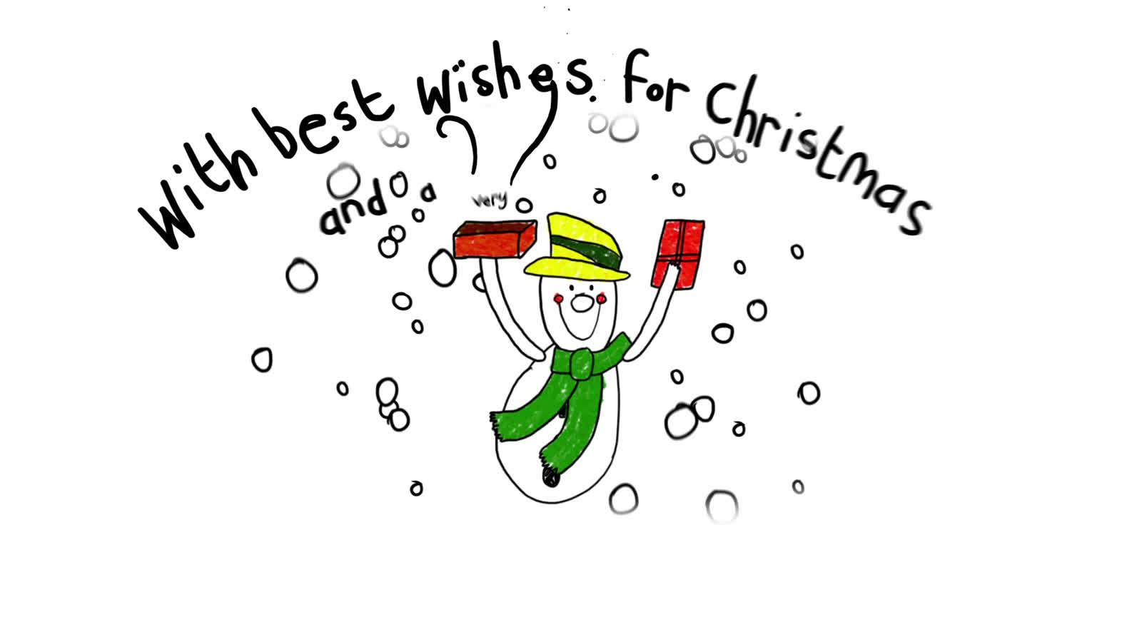 The finished snowman drawing, waving a wrapped gift