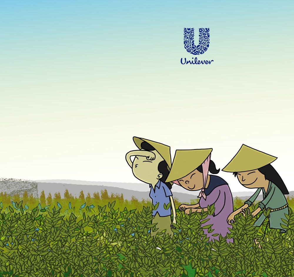 Unilever: India Animation — an illustrated scene of tea-pickers in a field, with the Unilever logo, real campaign artwork found in the archive export