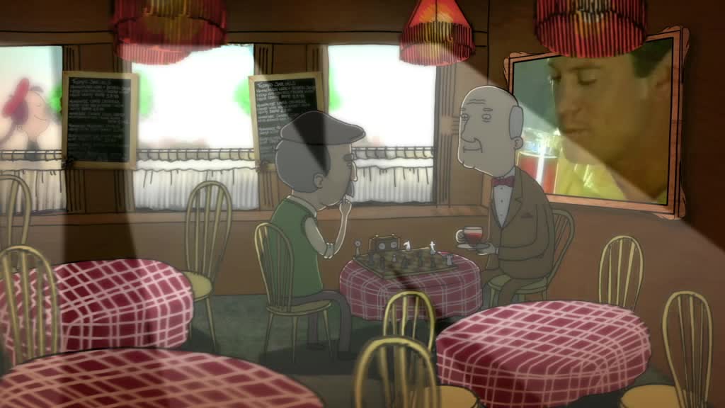 Unilever: Refreshment Film, two illustrated men playing chess in a cafe