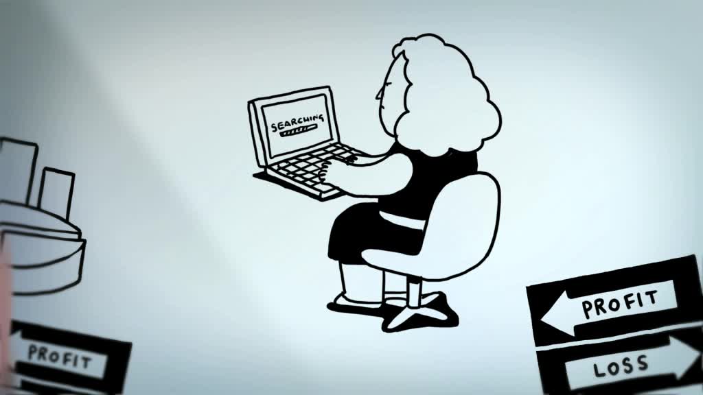Unilever UK Mums Animation: character searching online between Profit and Loss signage