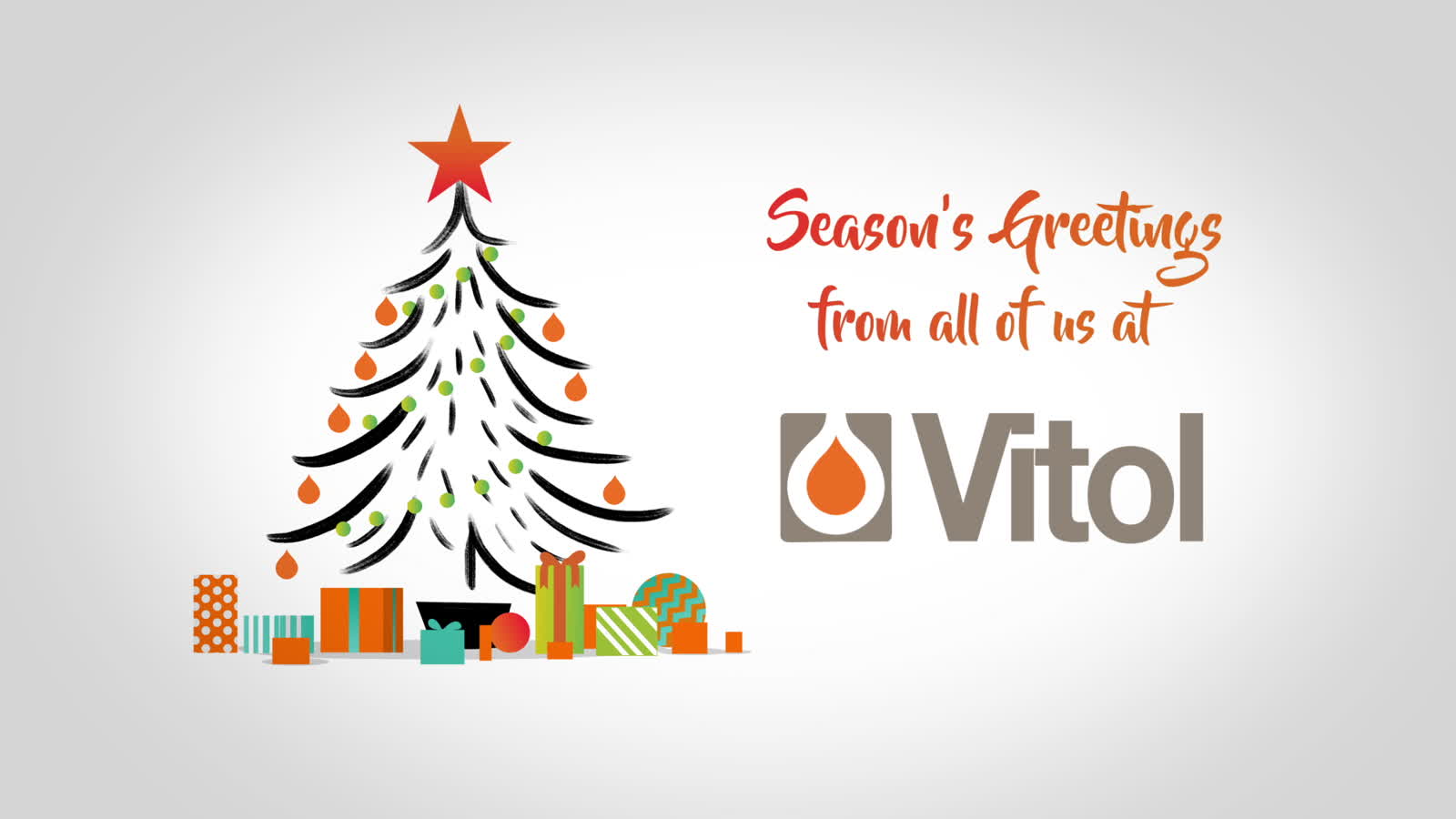 Vitol's closing Christmas card, showing a brush-drawn tree, gifts, and the company's own logo