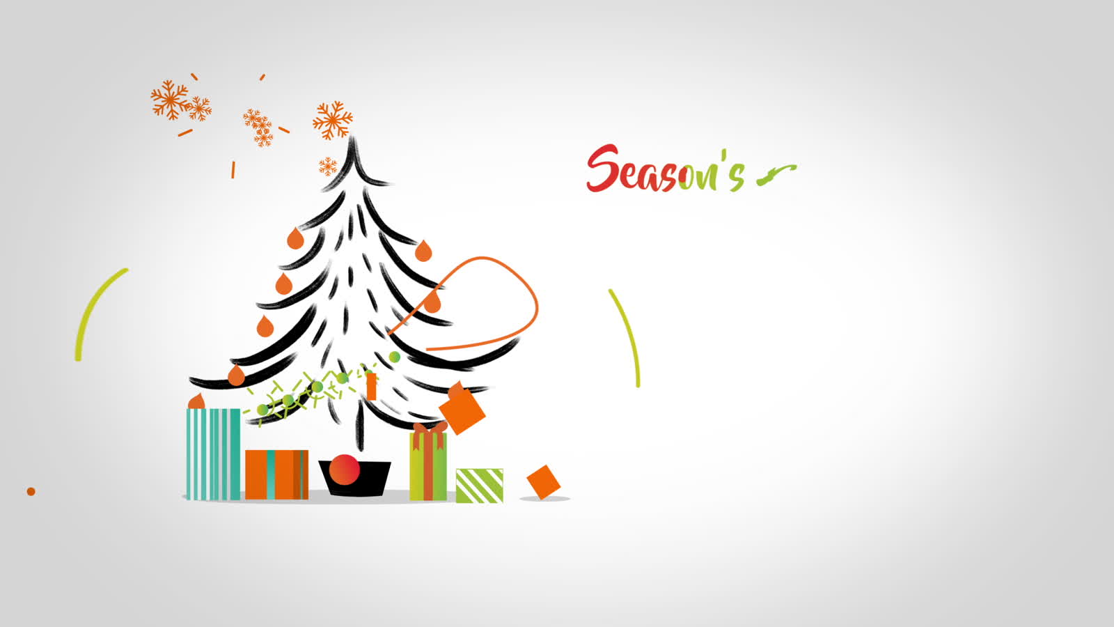 Brush-drawn Christmas tree decorated with baubles, a star, and wrapped presents underneath
