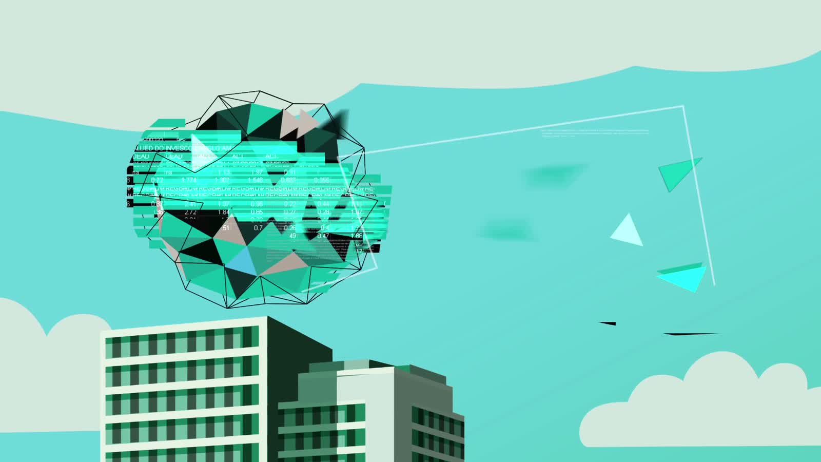 WanDisco: glowing data cloud drifting between illustrated office buildings