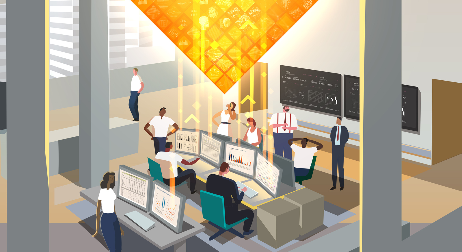WanDisco: illustrated stock exchange floor beneath a data motif