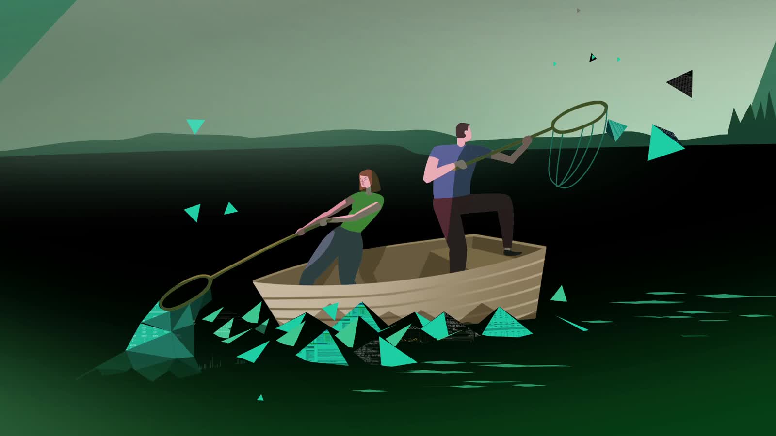WanDisco: two illustrated figures in a rowing boat, pulling data particles from the water in nets