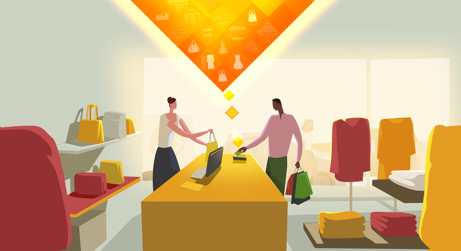 WanDisco: illustrated shop counter beneath a data motif