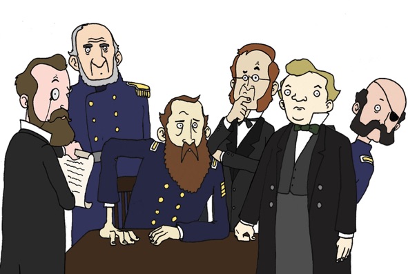 An early Cumi character illustration: a line of period-costume figures gathered around a table